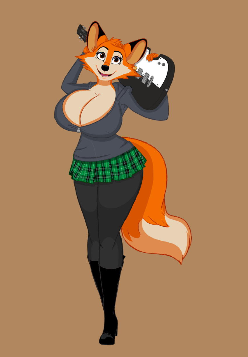 anthro big_breasts boots bottomwear breasts brown_eyes canid canine clothing cocaine-leopard darma female footwear fox guitar happy hoodie leggings legwear long_legs mammal musical_instrument pose rock_dog skirt smile solo standing