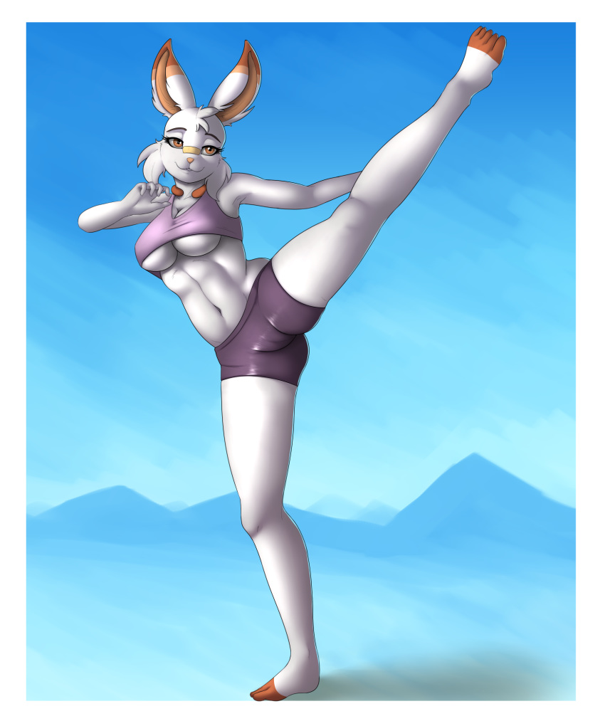 2019 anthro breasts clothed clothing digital_media_(artwork) female hi_res lagomorph mammal nintendo pok&eacute;mon pok&eacute;mon_(species) raised_leg scorbunny skipsy solo under_boob video_games