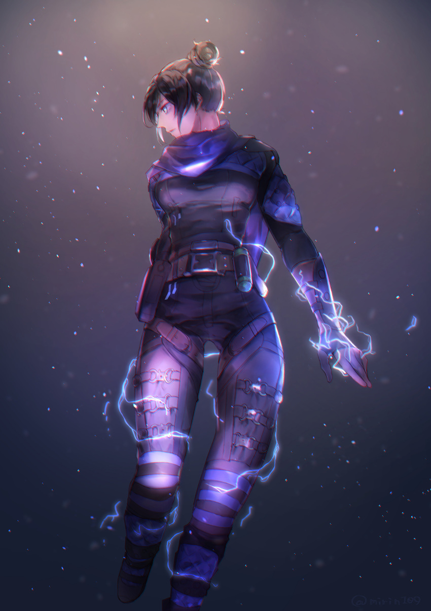 1girl absurdres apex_legends arms_at_sides bangs belt belt_buckle biribiri black_bodysuit black_hair black_scarf blue_eyes bodysuit breasts buckle commentary_request electricity gloves hair_bun highres legs_apart looking_away medium_breasts mirin. ninja no_pupils nose parted_lips scarf shoes short_hair sidelocks solo standing standing_on_one_leg thigh_strap utility_belt wraith_(apex_legends)