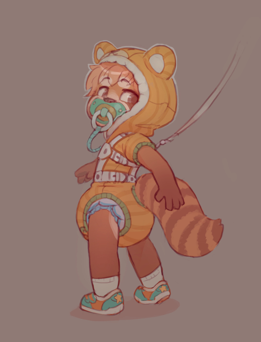 ailurid anthro brown_background brown_eyes brown_fur clothed clothing cub diaper footwear fur furgonomics leash legwear looking_back mammal multicolored_fur onesie pacifier red_panda shadow shoes simple_background skidoo socks solo standing striped_tail stripes two_tone_fur white_clothing white_legwear white_socks young