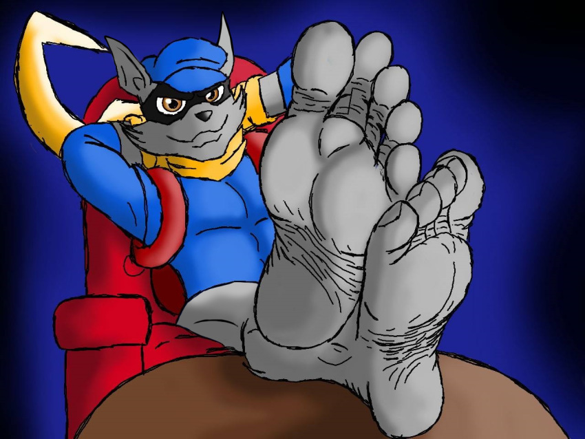 2018 4:3 5_toes bottomless cane chair clothed clothing darkzeus feet foot_focus hands_behind_head humanoid_feet looking_at_viewer male mammal procyonid raccoon sitting sly_cooper sly_cooper_(series) smug solo sony_corporation sony_interactive_entertainment sucker_punch_productions toes video_games