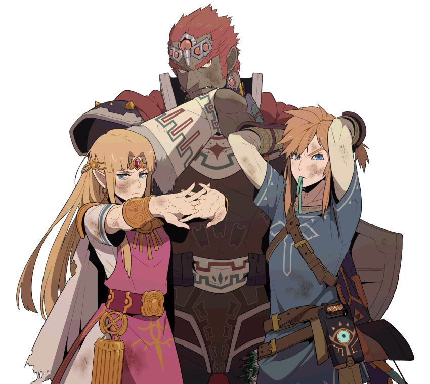 1girl 2boys abs adjusting_hair armor arms_up belt blonde_hair blue_eyes bow_(weapon) bracelet bracer bruise_on_face cape circlet dark_skin dark_skinned_male dirty_clothes dirty_face earrings flexing ganondorf gerudo highres jewelry link mouth_hold multiple_boys nintendo pointy_ears pose princess_zelda red_hair redlhzz sheikah_slate shield shirt short_hair standing stretch super_smash_bros. super_smash_bros._ultimate the_legend_of_zelda the_legend_of_zelda:_breath_of_the_wild tiara toned toned_male torn_clothes triforce weapon
