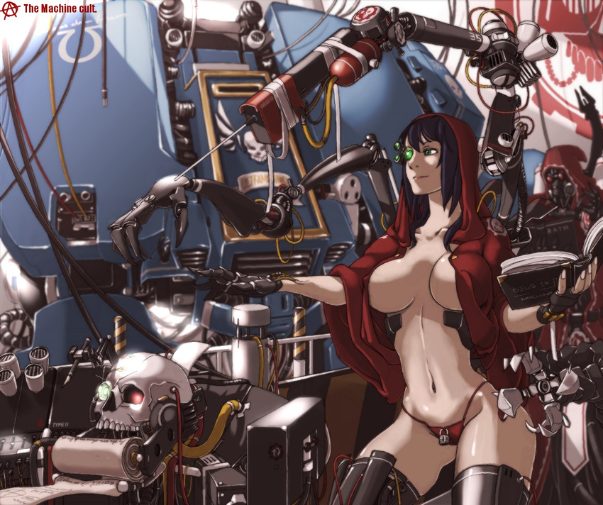 1girl adeptus_mechanicus bangs black_legwear blue_hair blurry book breasts breasts_apart cable chastity_belt circle_a cloak cowboy_shot cyborg depth_of_field dreadnought fingerless_gloves g-string gloves glowing glowing_eyes holding hood large_breasts light_smile lock long_hair mask mecha navel no_bra open_cloak open_clothes outstretched_arm outstretched_hand padlock panties red_eyes red_panties scroll skull skull_probe smile standing tech_priest thick_thighs thighhighs thighs thong ultramarines underwear warhammer_40k wide_hips wide_sleeves