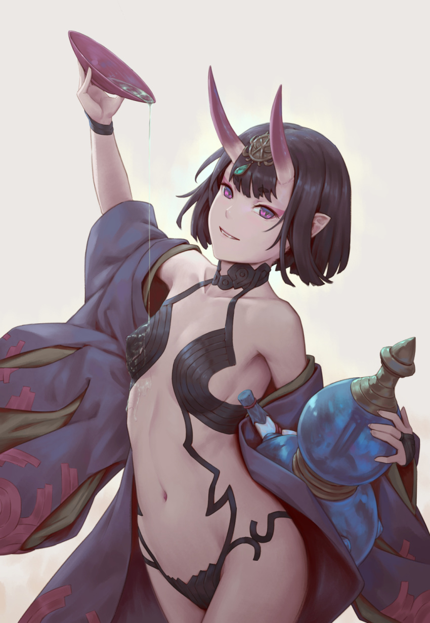 1girl alcohol bangs bare_shoulders bigrbear black_hair bob_cut bridal_gauntlets collarbone covered_nipples cup eyeshadow fate/grand_order fate_(series) gourd headpiece highres horns japanese_clothes kimono looking_at_viewer makeup navel oni oni_horns open_clothes open_kimono parted_lips pointy_ears pouring purple_eyes purple_kimono revealing_clothes sakazuki sake self short_eyebrows short_hair shuten_douji_(fate/grand_order) simple_background smile solo