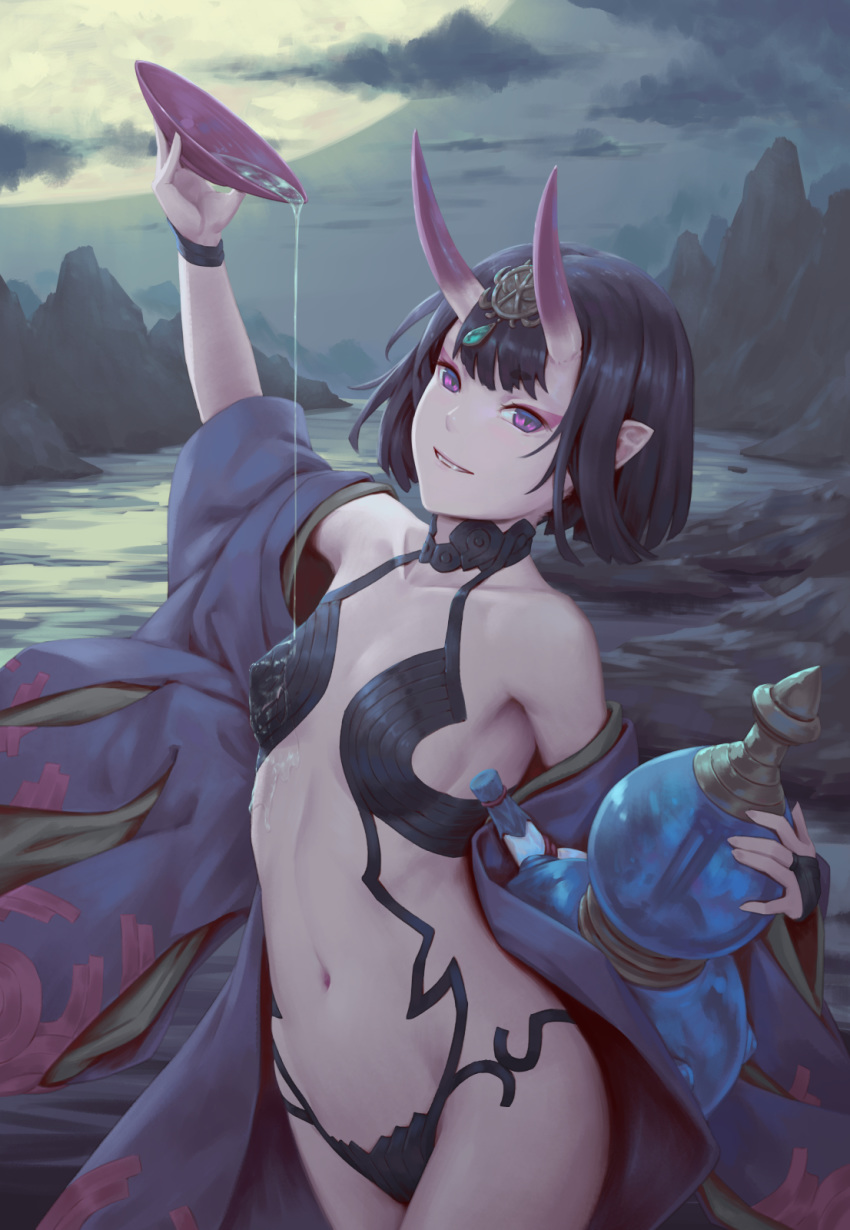 1girl alcohol bangs bare_shoulders bigrbear black_hair bob_cut cloud collarbone covered_nipples cup eyeshadow fate/grand_order fate_(series) gourd headpiece highres horns japanese_clothes kimono lake looking_at_viewer makeup moon mountain navel night oni oni_horns open_clothes open_kimono parted_lips pointy_ears pouring pouring_onto_self purple_eyes purple_kimono revealing_clothes sakazuki sake short_eyebrows short_hair shuten_douji_(fate/grand_order) smile solo water