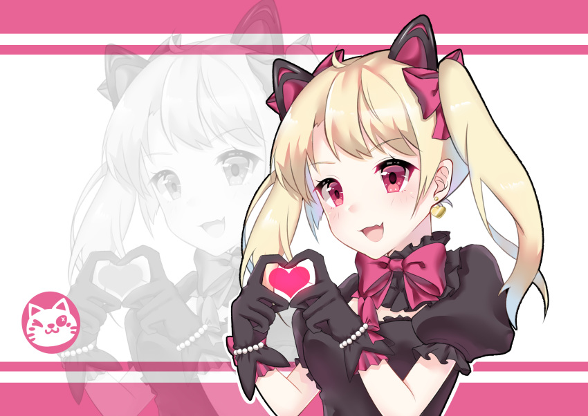 1girl :d alternate_costume animal_ears bangs bead_bracelet beads black_cat_d.va black_dress black_gloves blonde_hair bow bowtie bracelet breasts cat_ears d.va_(overwatch) dress earrings extra_ears eyebrows_visible_through_hair frilled_dress frills gloves heart heart_earrings heart_hands highres jewelry lolita_fashion looking_to_the_side medium_breasts medium_hair open_mouth overwatch pink_bow pink_eyes puffy_short_sleeves puffy_sleeves short_sleeves smile solo twintails wrist_bow yizhi_jiandan