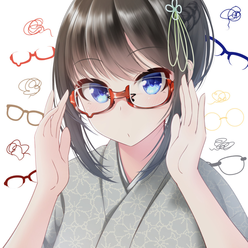 1girl adjusting_eyewear bangs blue_eyes blush braid brown_hair closed_mouth commentary_request eyebrows_visible_through_hair glasses grey_kimono hair_between_eyes hair_ornament hands_up highres japanese_clothes kimono looking_at_viewer nekobaka original red-framed_eyewear semi-rimless_eyewear sidelocks simple_background solo under-rim_eyewear upper_body white_background