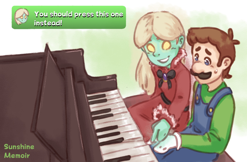 1boy 1girl black_bow blue_eyes blue_overalls bow brown_hair dress facial_hair ghost gloves green_shirt instrument khiuly luigi luigi's_mansion melody_pianissima mustache piano platinum_blonde_hair red_dress shirt smile sweat white_gloves yellow_eyes
