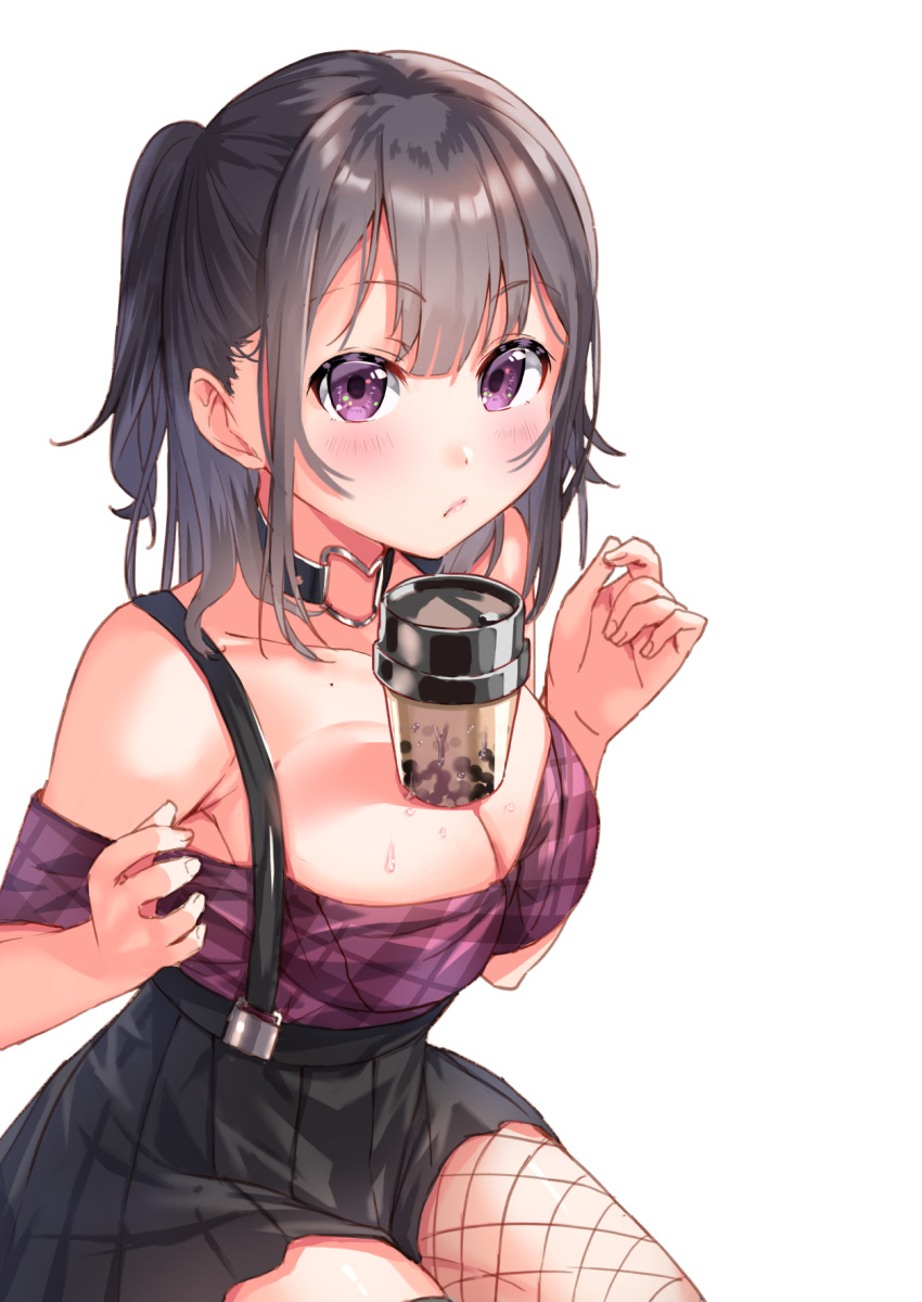 1girl bangs bare_shoulders black_collar black_skirt blush breasts bubble_tea bubble_tea_challenge cleavage closed_mouth collar collarbone commentary_request cup disposable_cup eyebrows_visible_through_hair fingernails fishnet_pantyhose fishnets grey_hair hair_between_eyes hands_up highres large_breasts long_hair looking_at_viewer mole object_on_breast off-shoulder_shirt off_shoulder original pantyhose pleated_skirt purple_eyes purple_shirt shirt simple_background single_leg_pantyhose skirt solo suspender_skirt suspenders tsukiman wet white_background
