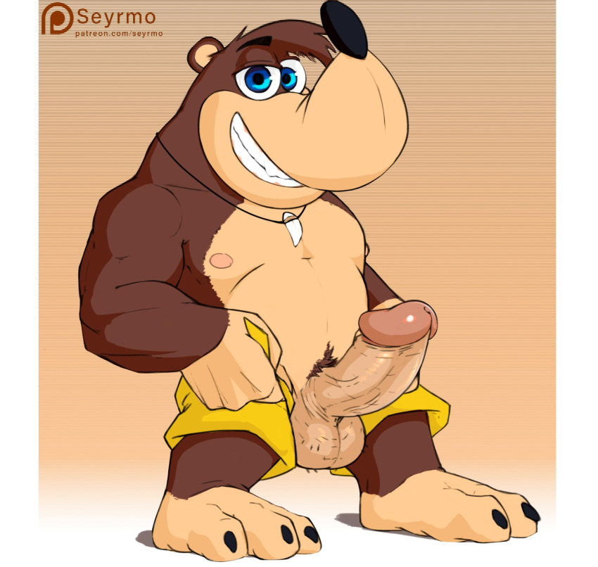 anthro areola balls banjo-kazooie banjo_(banjo-kazooie) barefoot biceps blue_eyes bottomwear brown_fur claws clothed clothing erection fur humanoid_penis jewelry looking_at_viewer male mammal mostly_nude muscular muscular_male necklace nipples penis pubes rareware seyrmo shorts smile standing teeth thick_penis toe_claws triceps ursid vein veiny_penis video_games