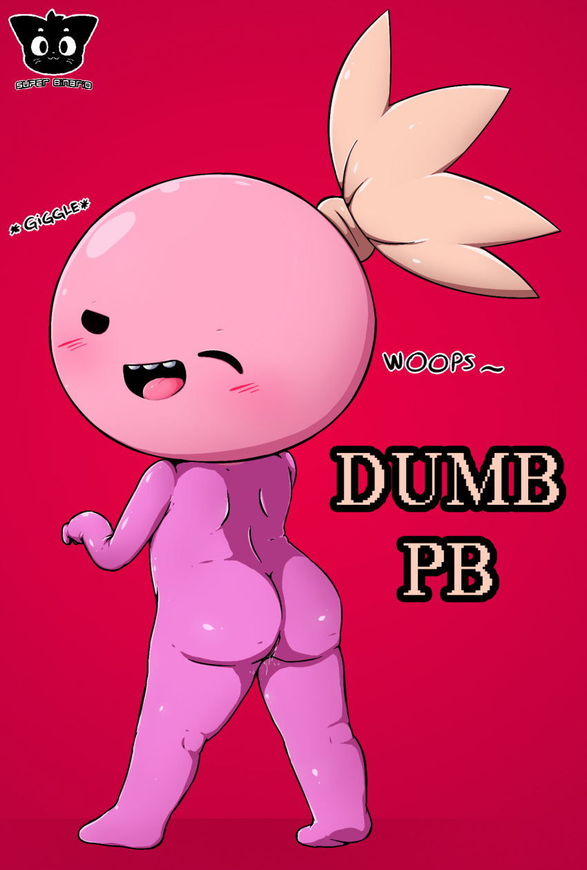 adventure_time blush bodily_fluids butt cartoon_network digital_media_(artwork) female genital_fluids humanoid looking_at_viewer not_furry nude open_mouth pink_skin princess_bubblegum pussy simple_background smile solo superbinario thick_thighs tongue