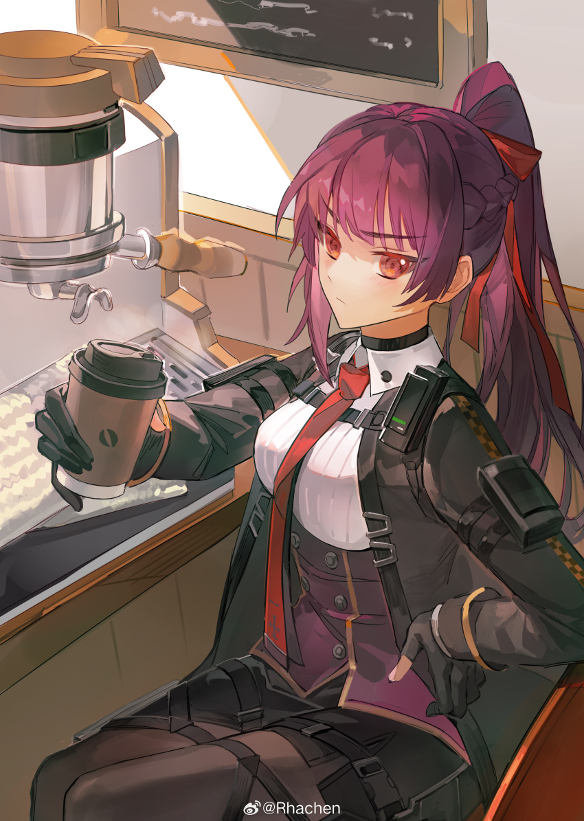 1girl absurdres black_gloves black_jacket black_pantyhose blush coffee_maker cup disposable_coffee_cup disposable_cup frown girls'_frontline girls'_frontline_2:_exilium gloves hair_ribbon highres incoming_drink jacket looking_at_viewer makiatto_(girls'_frontline_2) necktie pantyhose ponytail purple_hair red_eyes red_necktie rhachen ribbed_shirt ribbon shirt sitting solo wa2000_(girls'_frontline) white_shirt