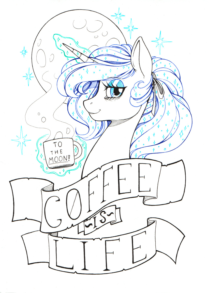 2019 bags_under_eyes beverage blue_eyes blue_eyeshadow blue_hair coffee cup english_text equid eyeshadow female friendship_is_magic full_moon hair horn longinius looking_at_viewer makeup mammal moon my_little_pony ponytail portrait princess_luna_(mlp) solo sparkles steam text unicorn