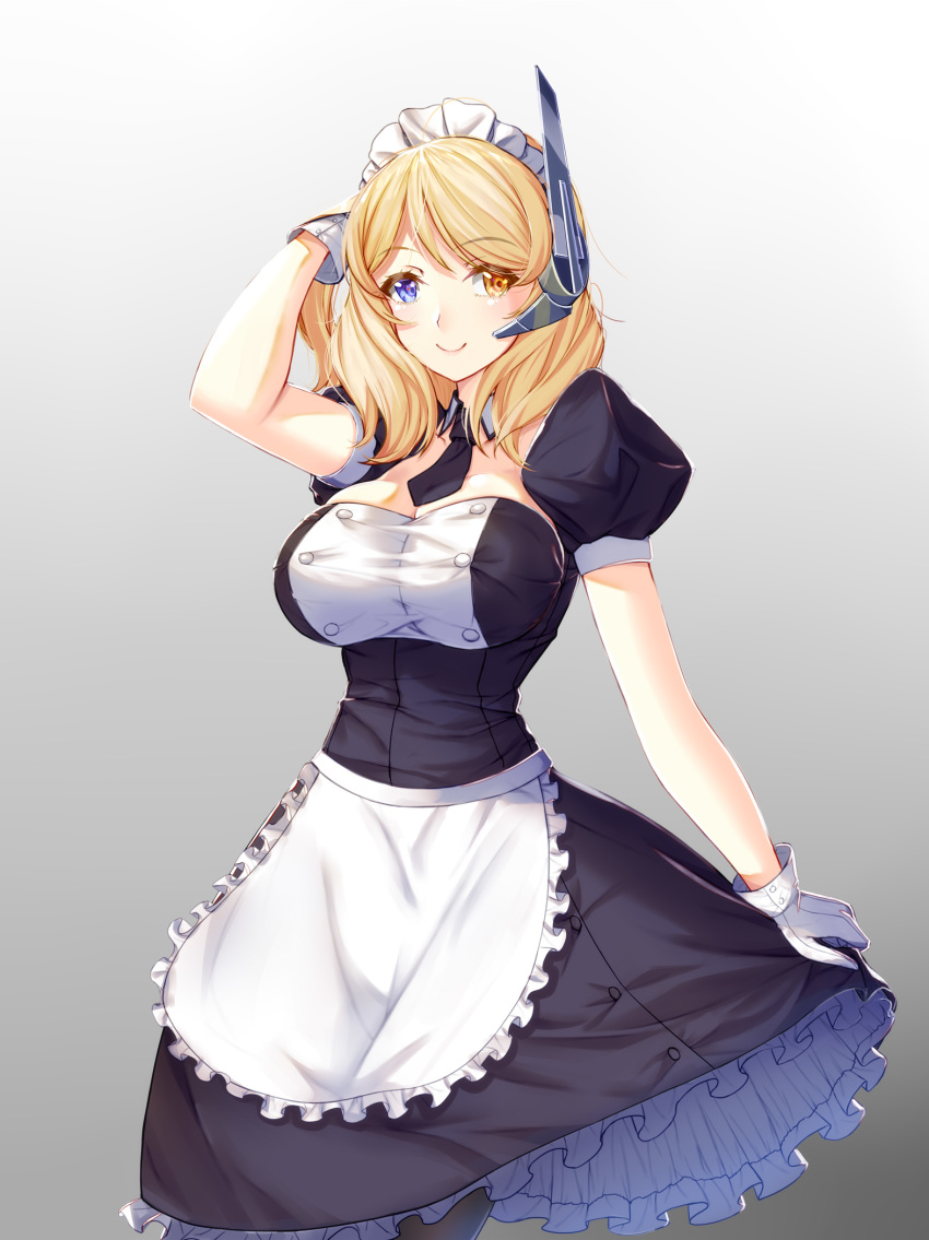 1girl apron black_dress black_legwear blonde_hair blue_eyes breasts cleavage collarbone cowboy_shot dress frilled_apron frills gloves gradient gradient_background grey_background heterochromia highres large_breasts looking_at_viewer maid maid_apron maid_headdress pantyhose puffy_short_sleeves puffy_sleeves renown_(warship_girls_r) ryuuzouji_usagi short_hair short_sleeves smile solo standing waist_apron warship_girls_r white_gloves yellow_eyes