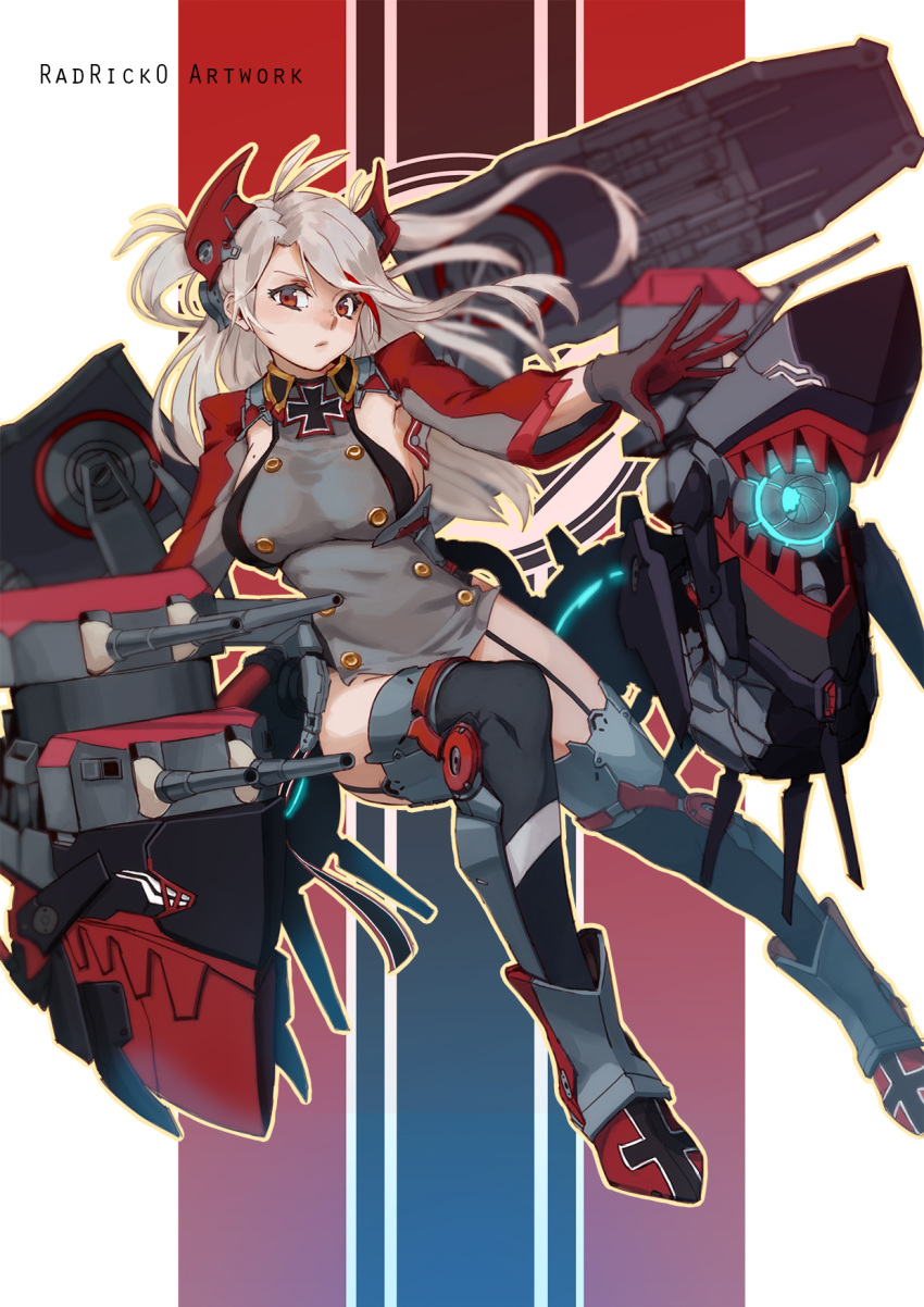 1girl antenna_hair armpit_cutout artist_name azur_lane bangs blue_sky blush boots breasts brown_eyes cannon commentary_request eyebrows_visible_through_hair garter_straps gloves hair_between_eyes headgear highres iron_cross large_breasts leotard long_hair long_sleeves looking_at_viewer mole mole_on_breast multicolored_hair outdoors parted_lips prinz_eugen_(azur_lane) radrick0 red_hair rigging silver_hair sky smile solo streaked_hair striped striped_background thigh_boots thighhighs thighs turret two_side_up very_long_hair white_background