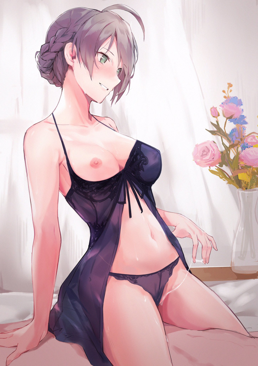 1boy 1girl ahoge aqua_eyes bangs bare_shoulders blush braid breasts camisole censored character_request collarbone copyright_request cowgirl_position crown_braid cum cum_in_pussy cum_string girl_on_top grin hetero highres indoors jhcrow3 long_hair medium_breasts nipples on_bed purple_camisole purple_hair sex sidelocks smile solo_focus stomach straddling sweatdrop vaginal