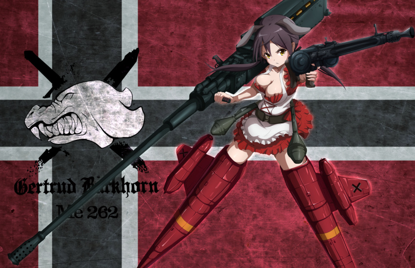 1girl animal_ears breasts brown_hair cannon character_name cleavage closed_mouth commentary corset dai_toro dirndl dog dog_ears dog_tail dress dual_wielding emblem explosive flag flag_background flying frilled_dress frills frown german_clothes gertrud_barkhorn grenade gun holding holding_gun holding_weapon huge_weapon karlsland long_hair looking_at_viewer machine_gun me_262 medium_breasts mg42 mg_151_cannon red_dress short_dress solo strike_witches striker_unit tail twintails weapon world_witches_series yellow_eyes