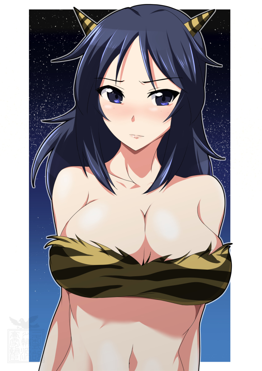 1girl animal_print arms_behind_back artist_logo bandeau bangs bare_shoulders bikini blue_eyes blue_hair blush breasts cleavage closed_mouth commentary cosplay eyebrows_visible_through_hair freckles frown girls_und_panzer highres horns large_breasts lips long_hair looking_at_viewer lum lum_(cosplay) navel night night_sky oni_horns ootori_masatsuna outside_border sky solo star_(sky) starry_sky strapless strapless_bikini swimsuit tiger_print upper_body urusei_yatsura yamagou_ayumi yellow_bikini