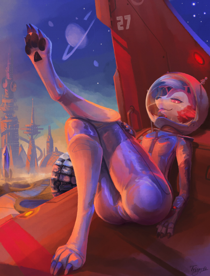 2019 4_toes anthro armor astronaut building camel_toe claws clothed clothing digitigrade female fully_clothed fur glistening headgear helmet looking_at_viewer lycanroc metallic midnight_lycanroc nintendo pawpads paws pink_eyes pinup planet pok&eacute;mon pok&eacute;mon_(species) pose red_fur retro rocket science_fiction sitting solo space spacecraft spacesuit tight_clothing toes tongue tongue_out trigaroo vehicle video_games white_fur