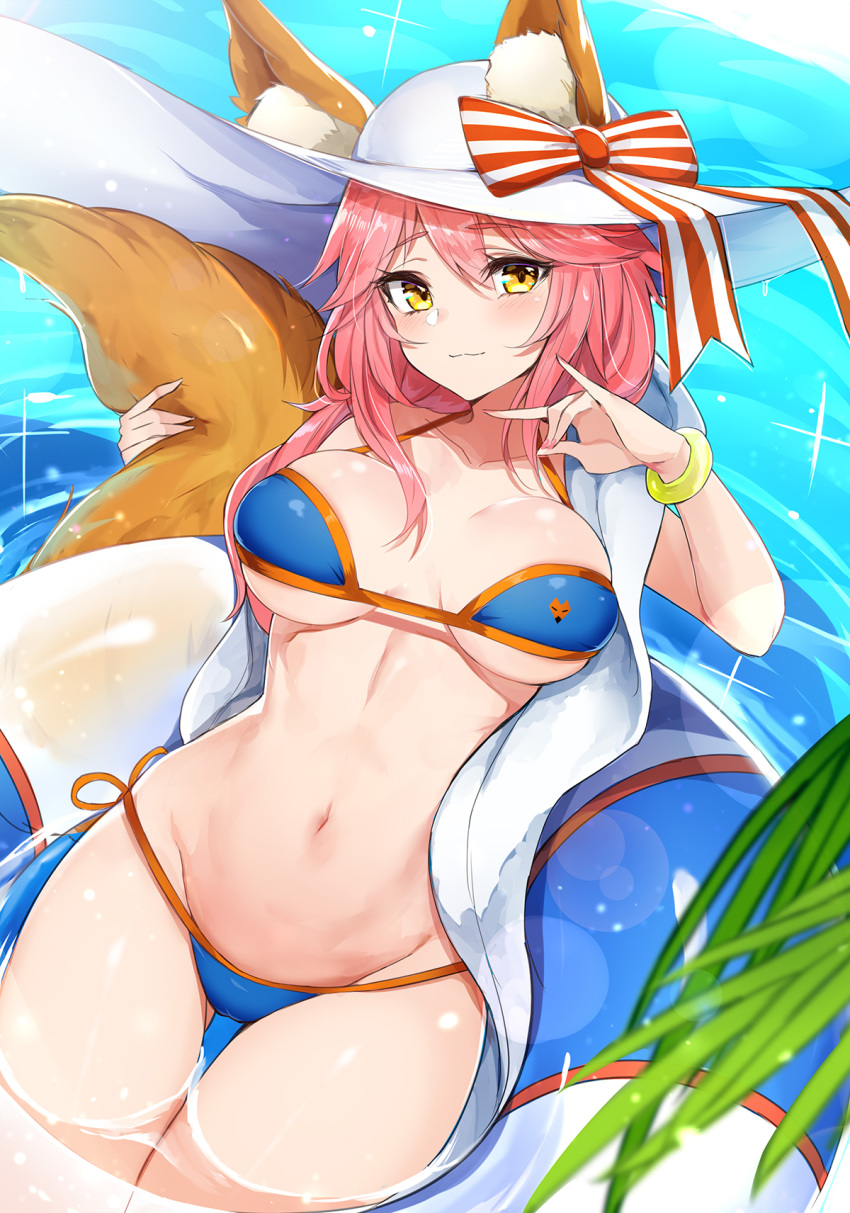 1girl :3 animal_ear_fluff animal_ears ass_visible_through_thighs bikini blue_bikini breasts breasts_apart brown_eyes collarbone ears_through_headwear fate/grand_order fate_(series) fox_ears fox_girl fox_shadow_puppet fox_tail groin halterneck hat hat_ribbon highres innertube large_breasts leaf long_hair looking_at_viewer luse_maonang navel pink_hair ribbon side-tie_bikini smile solo stomach sun_hat swimsuit tail tamamo_(fate)_(all) tamamo_no_mae_(swimsuit_lancer)_(fate) thighs water