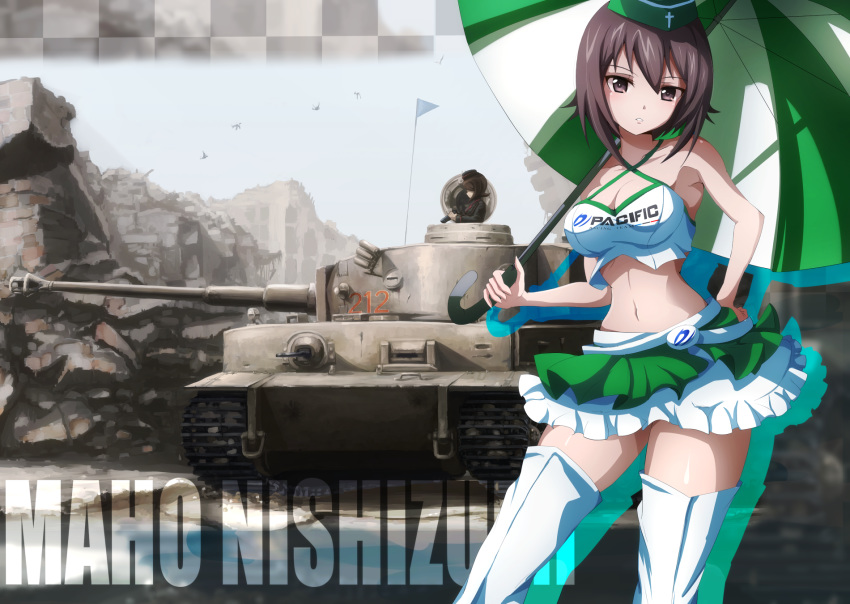 1girl alternate_costume bird black_headwear black_jacket boots breasts brown_hair building character_name cleavage commentary contrapposto criss-cross_halter crop_top dai_toro day debris destruction emblem frilled_skirt frills garrison_cap girls_und_panzer green_headwear green_skirt green_umbrella grey_sky ground_vehicle halterneck hat highres holding holding_binoculars holding_umbrella idol insignia jacket kuromorimine_(emblem) kuromorimine_military_uniform layered_skirt leaning_forward logo long_sleeves medium_breasts military military_hat military_uniform military_vehicle miniskirt motor_vehicle navel nishizumi_maho outdoors parted_lips print_shirt shirt silhouette skirt solo tank thigh_boots thighhighs tiger_i umbrella uniform white_footwear white_shirt