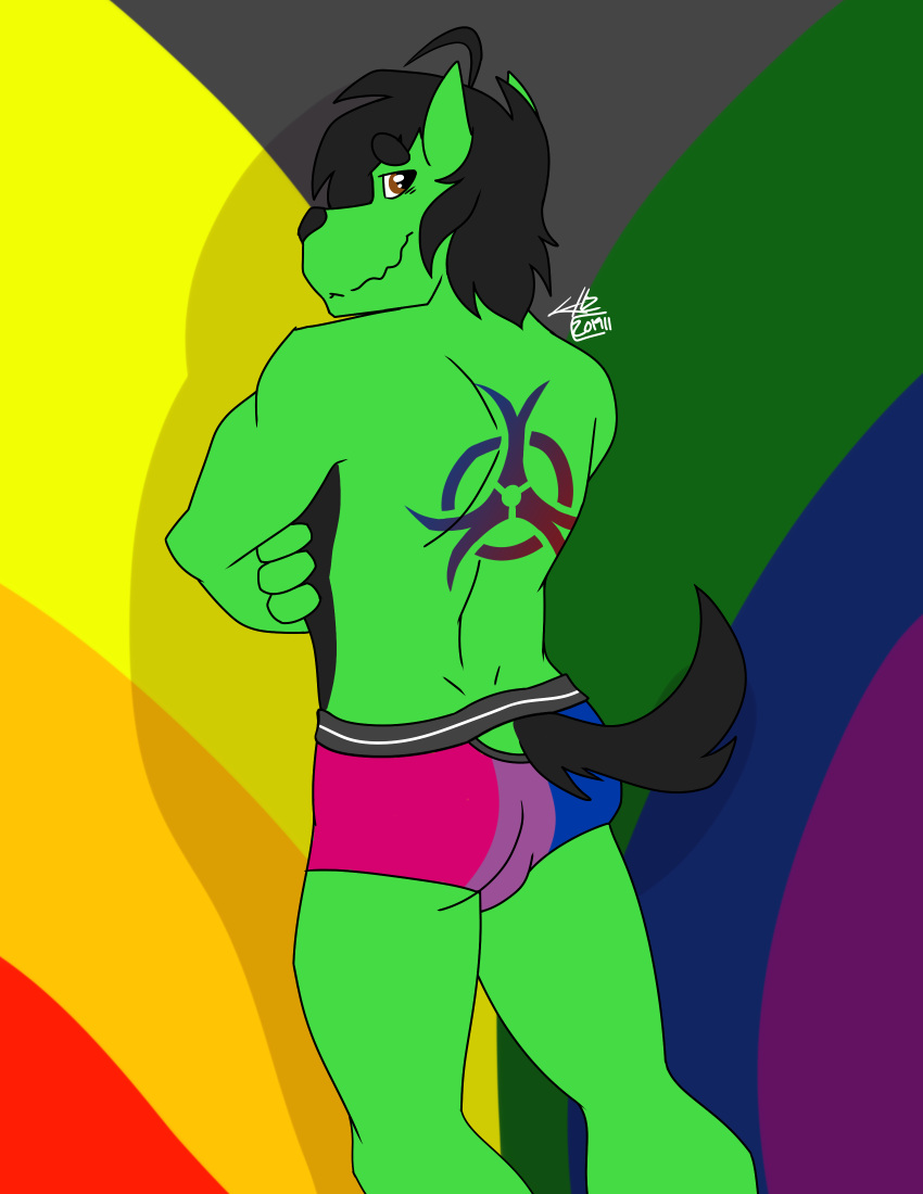 2019 absurd_res anthro bisexual_pride_colors bottomwear butt canid canine canis clothed clothing digital_media_(artwork) domestic_dog fur hair hi_res husky lgbt_pride looking_at_viewer male mammal nordic_sled_dog pose pride_colors rainbow rainbow_flag rainbow_flag_(pride) rainbow_pride_flag rainbow_symbol simple_background smile solo spitz standing sylvanedadeer tattoo topless underwear