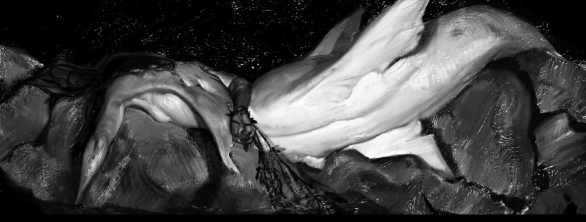 2018 bound breasts digital_media_(artwork) digital_painting_(artwork) female fin fishing_net greyscale hair long_hair lying marine merfolk monochrome net nude reykat side_boob small_breasts solo split_form