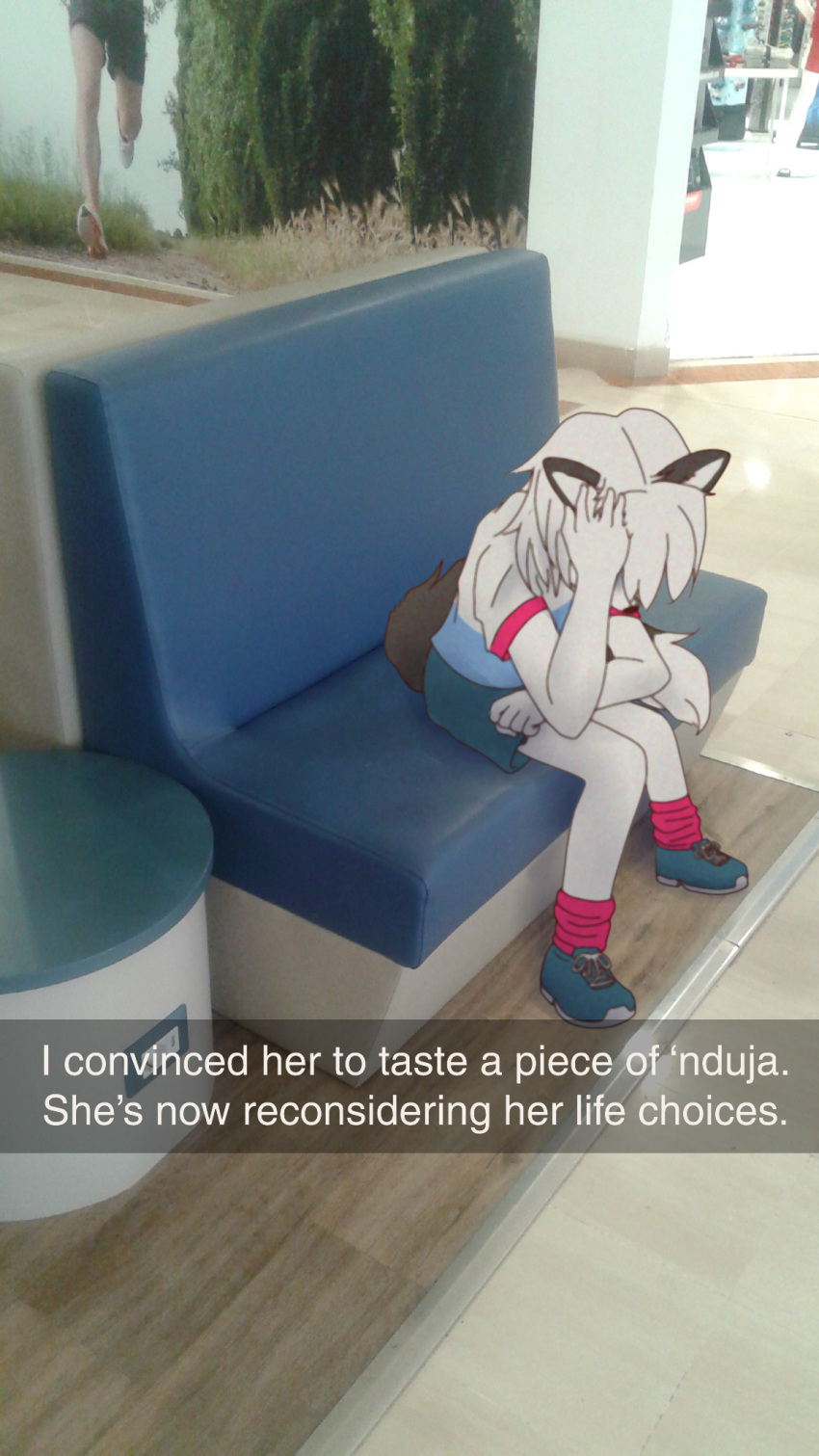 2019 anthro bench bottomwear camera_view canid canine canis clothed clothing digital_media_(artwork) domestic_dog dzaladan female footwear fur hair hi_res husky legwear lowered_head mall mammal nordic_sled_dog photo real shirt shoes shorts sitting snapchat socks solo spitz t-shirt text topwear white_fur white_hair