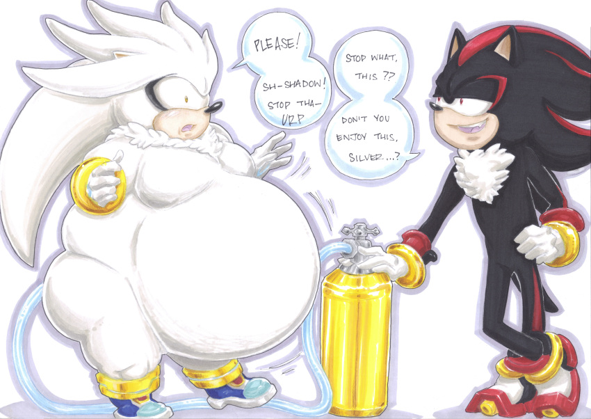 2019 absurd_res air_tank anthro belly big_belly blush dialogue english_text eulipotyphlan half-closed_eyes hedgehog hi_res hyper hyper_belly inflation male male/male mammal moobs open_mouth penetration prisonsuit-rabbitman shadow_the_hedgehog silver_the_hedgehog simple_background sonic_(series) speech_bubble text thick_thighs traditional_media_(artwork) white_background