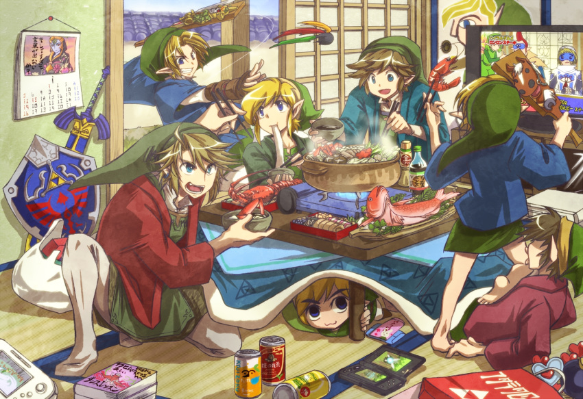1girl 6+boys :3 :d arm_support bag bandages barefoot blonde_hair blue_eyes blue_sky bomb book boots bottle bowl brown_footwear brown_hair calendar_(object) can chopsticks ciela commentary_request day epona eye_mask fairy fang fish from_behind game_console gauntlets green_hair green_headwear green_pants green_shirt green_tunic green_vest grin groose handheld_game_console haori heart hero's_shade holding holding_bowl holding_chopsticks indoors japanese_clothes link lobster long_sleeves lying male_focus master_sword midna midna_(true) multiple_boys nintendo_ds no_nose no_shoes obentou on_back on_stomach open_mouth paddle pants pantyhose phrygian_cap pointy_ears pot red_hair saria scabbard shadow sheath sheathed sheikah shield shirt shopping_bag shrimp sidelocks sky sliding_doors smile steam suzumiya_misa tabard table tablecloth tatami television the_legend_of_zelda the_legend_of_zelda:_a_link_between_worlds the_legend_of_zelda:_a_link_to_the_past the_legend_of_zelda:_ocarina_of_time the_legend_of_zelda:_oracle_of_ages the_legend_of_zelda:_phantom_hourglass the_legend_of_zelda:_skyward_sword the_legend_of_zelda:_the_wind_waker the_legend_of_zelda:_twilight_princess triforce tunic under_table vest white_legwear wide_sleeves wii_u wii_u_gamepad young_link