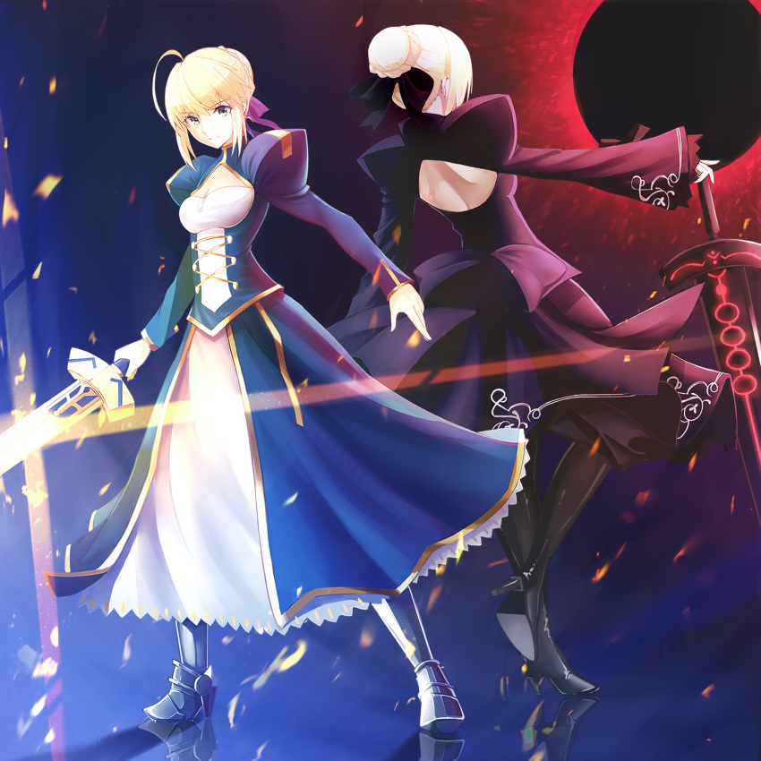 2girls ahoge armored_boots artoria_pendragon_(all) black_dress black_footwear blonde_hair blue_eyes boa_sorte boots braided_bun breasts cleavage closed_mouth dark_excalibur dress excalibur eyebrows_visible_through_hair fate/stay_night fate_(series) full_body hand_on_hilt high_heel_boots high_heels highres holding holding_sword holding_weapon long_dress long_sleeves multiple_girls saber saber_alter short_hair shoulder_blades small_breasts standing sword thigh_boots thighhighs weapon