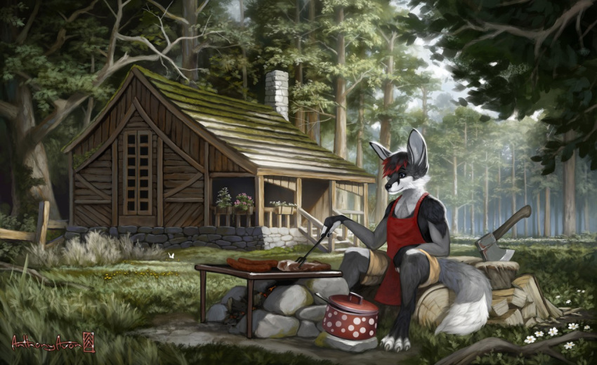 2019 4_toes anthonyavon anthro apron axe barefoot bottomwear cabin canid canine clothing cooking cooking_pot cutlery day detailed detailed_background digital_media_(artwork) dipstick_tail flower food forest fork fox fur grey_fur hair holding_object kitchen_utensils male mammal meat melee_weapon multicolored_tail nature outside pants plant sitting solo toes tools tree weapon