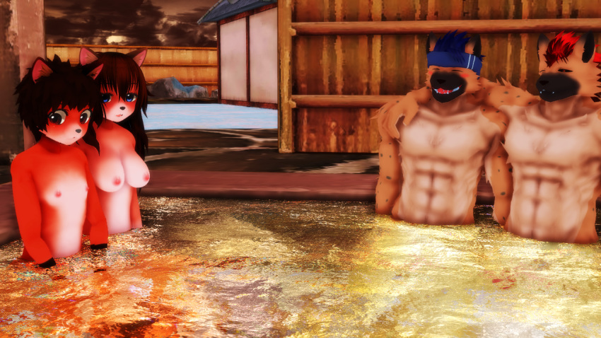 16:9 2019 3d_(artwork) anthro blush breasts brother brothers canid canine digital_media_(artwork) female fox hot_spring hyaenid male malicekira mammal muscular muscular_male nipples nude open_mouth partially_submerged penis sibling sister smile spotted_hyena twins waidan_kai water