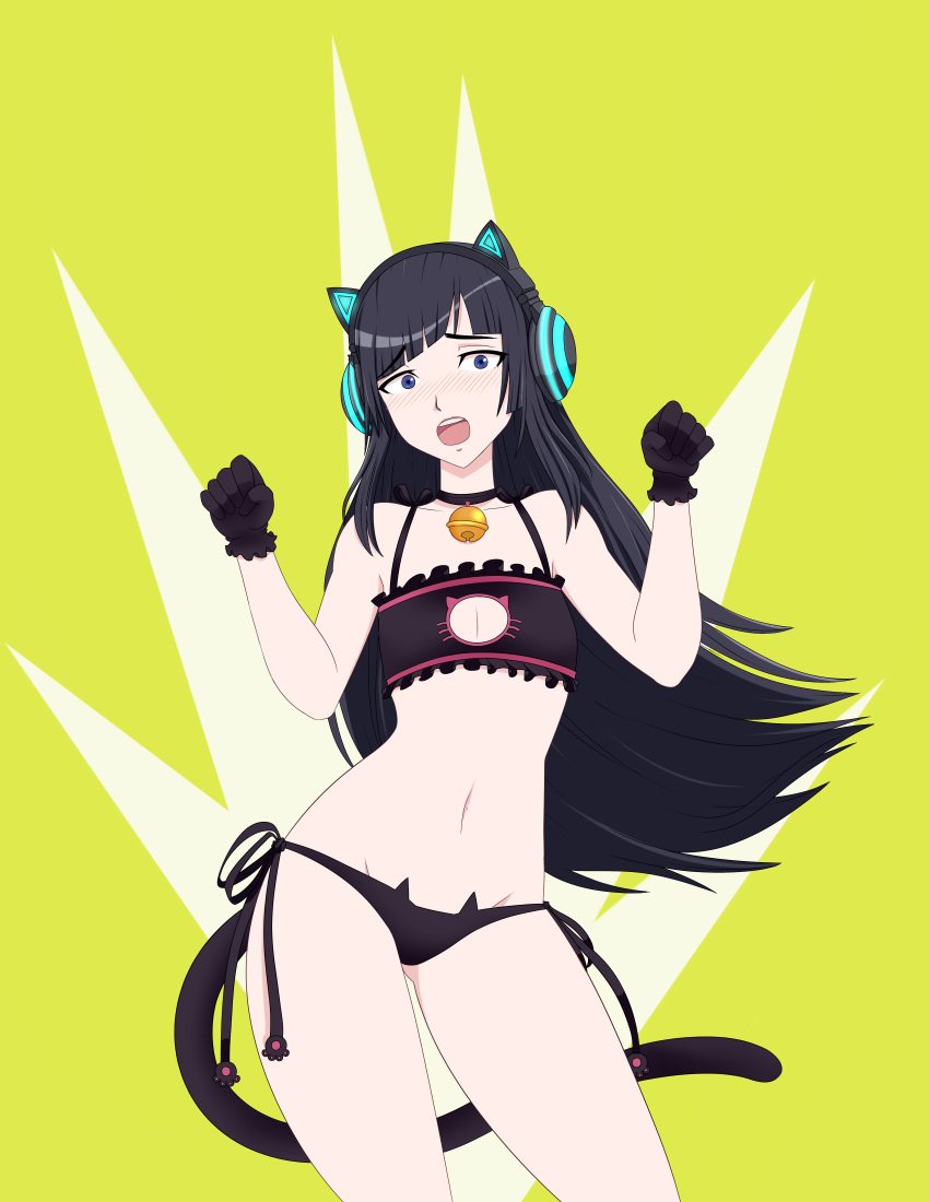 1girl absurdres animal_ears ass_visible_through_thighs bare_shoulders bell bell_choker black_bra black_gloves black_hair black_panties blue_eyes blush bra breasts cat_cutout cat_ear_headphones cat_ear_panties cat_ears cat_lingerie cat_tail choker cleavage cleavage_cutout collarbone commission commissioner_upload contrapposto cowboy_shot eyebrows eyebrows_visible_through_hair flat_chest flcl flcl_progressive frilled_bra frills full-face_blush gloves groin headphones hibajiri_hidomi highres jingle_bell kemonomimi_mode long_hair looking_at_viewer m-a-v-e-r-i-c-k meme_attire navel non-web_source open_mouth panties side-tie_panties simple_background solo standing tail underwear underwear_only yellow_background