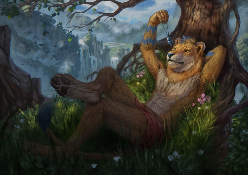 4_toes 5_fingers anthro barefoot blue_markings bottomwear cliff clothed clothing conditional_dnp day detailed_background dexterlion digital_media_(artwork) felid flower fur grass hand_behind_head holding_object jewelry latex_(artist) lion male mammal mane markings mountain nature necklace outside pantherine pants plant realistic reclining sky solo toes topless tree yellow_eyes yellow_fur