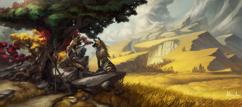 african_wild_dog anthonyavon anthro biped bowl canid canine clothed clothing cloud crouching detailed_background digital_media_(artwork) duo eye_contact field grass hi_res holding_object hyaenid idol jewelry kikivuli looking_at_another male mammal mane melee_weapon mountain necklace outside polearm relic sitting sky spear stone striped_hyena temple tree utunu weapon