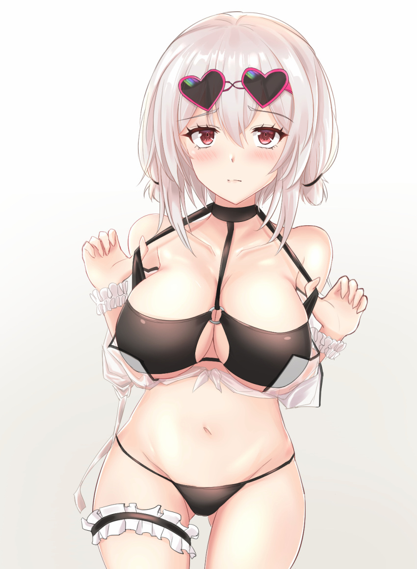 1girl alternate_costume arms_at_sides ass_visible_through_thighs azur_lane bangs bare_shoulders bikini black_bikini black_choker blush breasts choker cleavage closed_mouth collarbone eyebrows_visible_through_hair eyelashes eyewear_on_head frilled_legwear gradient gradient_background grey_background groin hair_between_eyes hands_up heart heart-shaped_eyewear heckler_kai highres large_breasts legs_apart looking_at_viewer navel o-ring o-ring_bikini o-ring_top pink-framed_eyewear pulled_by_self red_eyes scrunchie see-through shiny shiny_hair short_hair sirius_(azur_lane) sirius_(midsummer_seirios)_(azur_lane) solo strap_pull sunglasses swimsuit thigh_strap underboob white_background white_frills white_scrunchie wrist_scrunchie