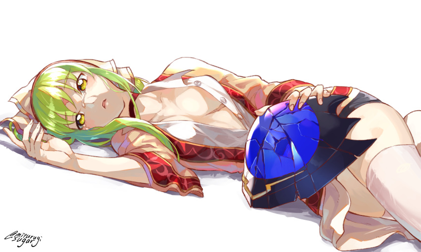 1girl absurdres breasts breasts_apart broken_helmet c.c. choker code_geass commentary_request crying green_hair hair_ribbon helmet highres looking_at_viewer lying medium_breasts mithurugi-sugar no_bra on_back open_clothes open_shirt red_choker ribbon simple_background solo tears thighhighs twitter_username white_background white_legwear yellow_eyes zero_(code_geass)