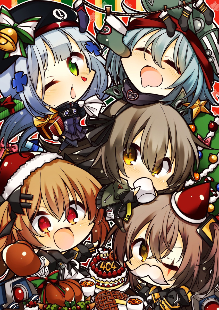 5girls 7:08 beret cake chibi christmas christmas_cake christmas_ornaments christmas_tree closed_eyes cup dinergate_(girls_frontline) drink drinking food g11_(girls_frontline) gift girls_frontline hat highres hk416_(girls_frontline) multiple_girls one_eye_closed pie santa_hat siblings sisters sleeping socks turkey_(food) twins ump40_(girls_frontline) ump45_(girls_frontline) ump9_(girls_frontline)