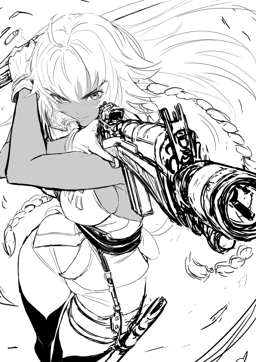 1girl action ahoge aiming boots braid breasts dual_wielding fate/grand_order fate_(series) finger_on_trigger gloves gun highres holding holding_gun holding_sword holding_weapon imizu_(nitro_unknown) lakshmibai_(fate/grand_order) long_braid long_hair medium_breasts monochrome no_bra scabbard serious sheath shell_casing sideboob sketch solo sword thigh_boots thighhighs twin_braids weapon