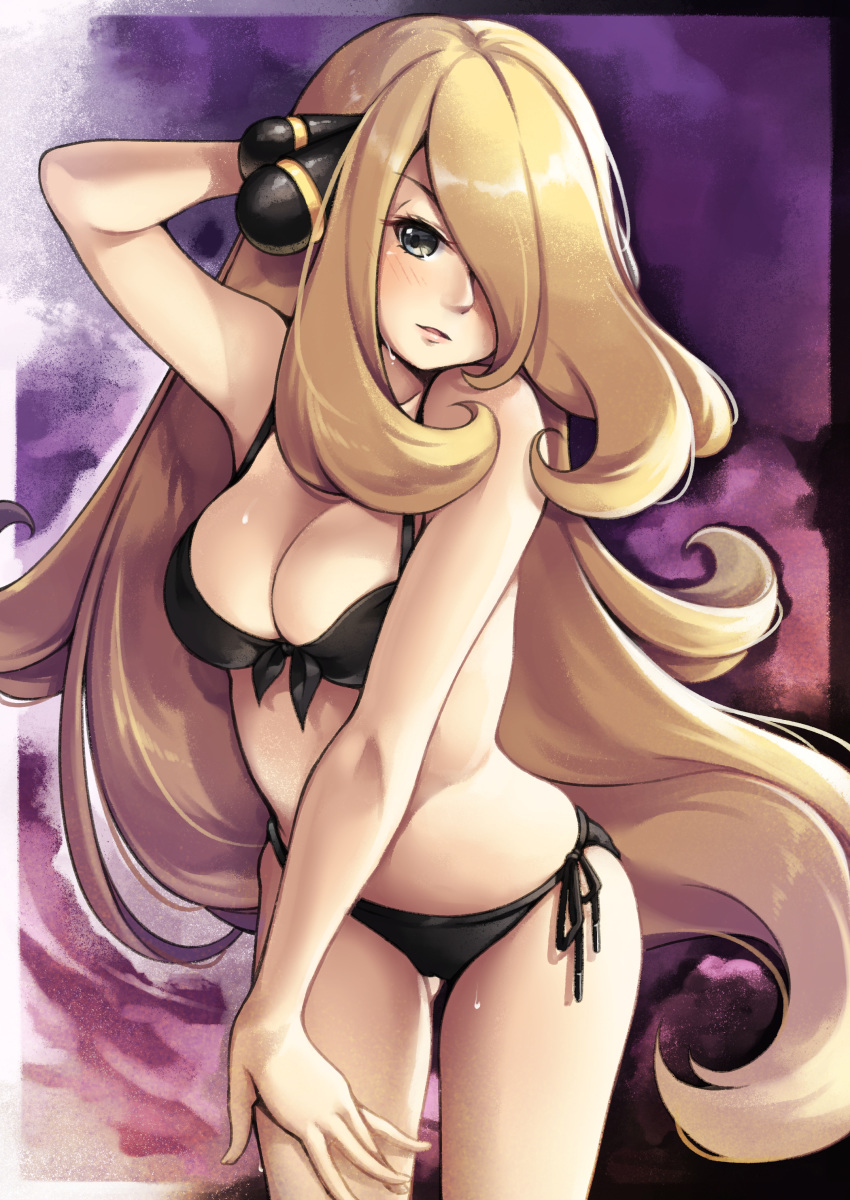 1girl absurdres arm_behind_head bikini black_bikini black_eyes black_ribbon blonde_hair breasts cleavage cowboy_shot front-tie_bikini front-tie_top hair_ornament hair_over_one_eye highres leaning_forward long_hair looking_at_viewer maremay0513 medium_breasts open_mouth panties pokemon pokemon_(game) pokemon_dppt ribbon shiny shiny_hair shiny_skin shirona_(pokemon) side-tie_panties solo standing sweatdrop swimsuit thigh_gap underwear very_long_hair