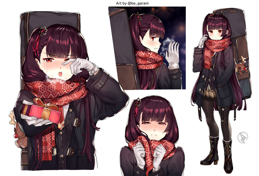 1girl absurdres alternate_costume bangs be_garam black_coat black_footwear black_legwear black_skirt black_vest blush boots breasts breathing brown_skirt coat crying crying_with_eyes_open eyebrows_visible_through_hair gift girls_frontline giving gloves hair_ornament hair_ribbon half-closed_eyes half_updo hand_in_pocket happy_tears high_heel_boots high_heels highres holding holding_gift large_breasts long_hair looking_at_viewer necktie one_eye_closed one_side_up open_clothes open_coat open_mouth pantyhose plaid plaid_skirt pleated_skirt purple_hair red_eyes red_neckwear red_scarf ribbon scarf shirt sidelocks simple_background skirt snowflake_hair_ornament snowflake_print tears twitter_username untucked_shirt very_long_hair vest wa2000_(girls_frontline) weapon_bag white_gloves