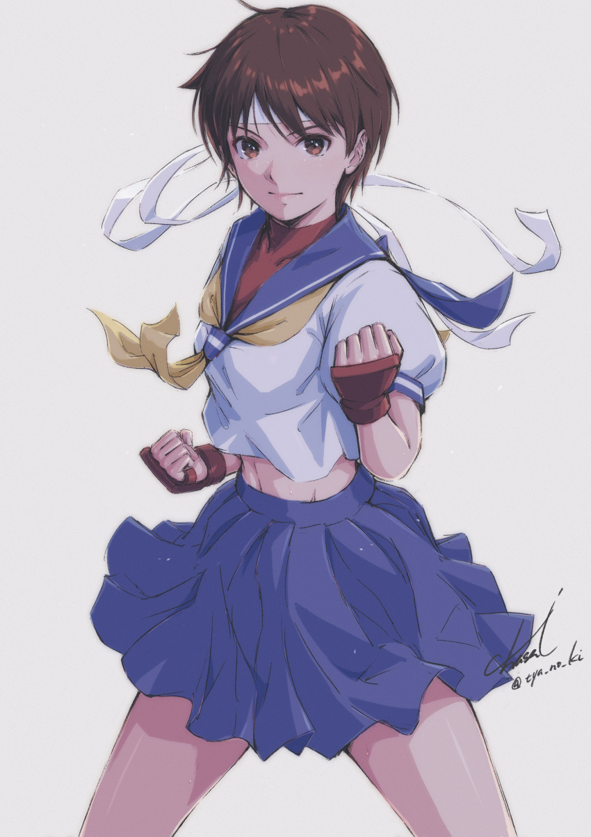 1girl absurdres blue_sailor_collar blue_skirt brown_eyes brown_hair closed_mouth fighting_stance grey_background headband highres kasugano_sakura looking_at_viewer midriff miniskirt neckerchief pleated_skirt sailor_collar sailor_shirt school_uniform serafuku shirt short_hair signature simple_background skirt solo stomach street_fighter tyanoki white_headband white_shirt yellow_neckerchief