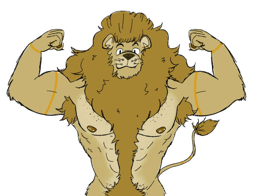 :3 abs arm_markings armpit_hair barazoku body_hair brown_nose felid flexing flufflion fur hairy handpaw happy_trail hi_res lion lion_tail looking_at_viewer male mammal mane markings muscular nipple_piercing nipples pantherine paws piercing round_ears solo whiskers yellow_fur yellow_markings