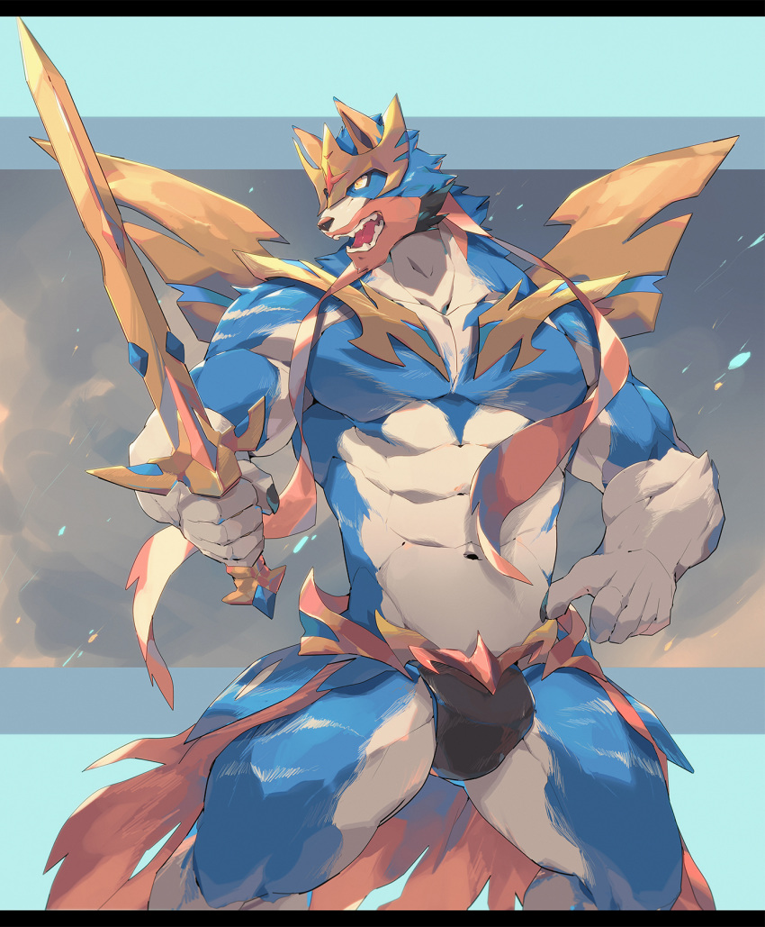 2019 5_fingers anthro anthrofied blue_fur canid canine fur hi_res holding_object holding_weapon legendary_pok&eacute;mon male mammal melee_weapon muscular muscular_male nintendo open_mouth pok&eacute;mon pok&eacute;mon_(species) pok&eacute;morph red_fur solo standing sword tengo video_games weapon white_fur zacian