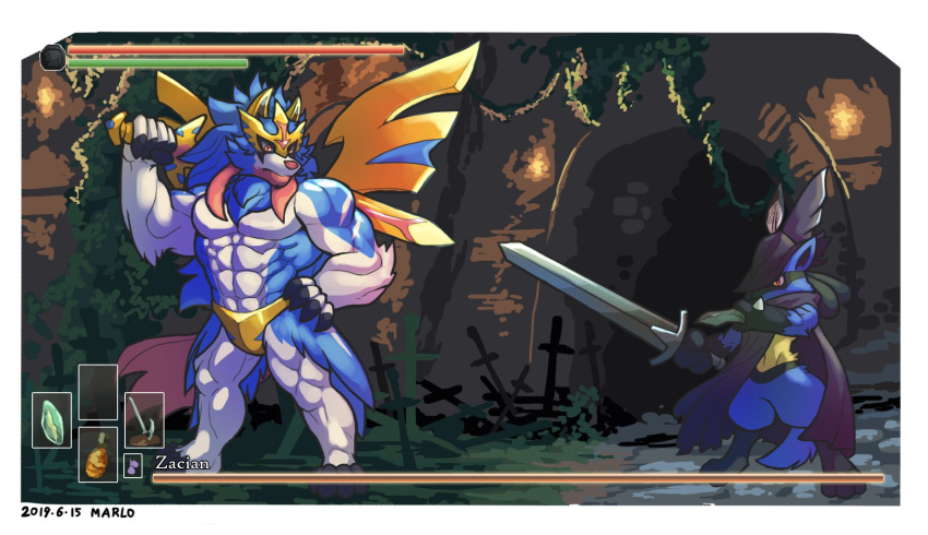 2019 abs anthro anthrofied biceps blue_fur canid canine clothed clothing dark_souls duo fromsoftware fur hi_res holding_object holding_weapon legendary_pok&eacute;mon lucario male mammal melee_weapon muscular muscular_male nintendo pecs pok&eacute;mon pok&eacute;mon_(species) pok&eacute;morph sword video_games weapon wolfmalro zacian