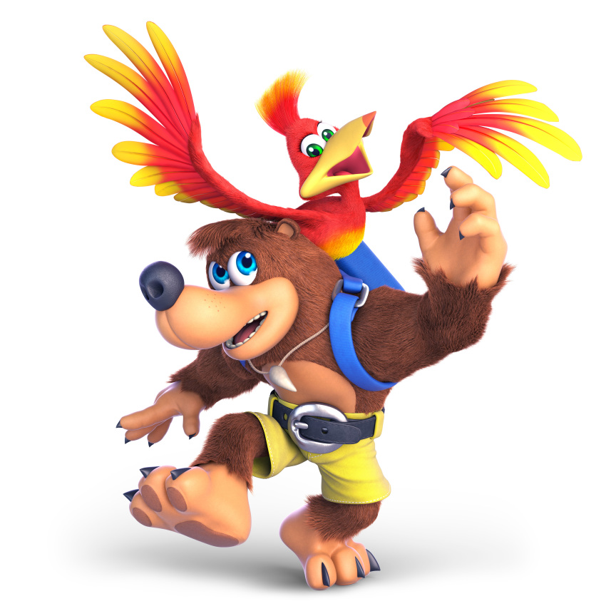 1:1 2019 3_toes 3d_(artwork) absurd_res anthro avian backpack banjo-kazooie banjo_(banjo-kazooie) barefoot beak bird black_claws blue_eyes breegull brown_fur brown_pawpads carrying claws clothed clothing detailed detailed_feathers detailed_fur digital_media_(artwork) duo eyelashes feathers female feral fur green_eyes hi_res jewelry kazooie male mammal necklace nintendo official_art open_beak open_mouth open_smile pawpads rareware red_feathers simple_background smile snout soles spread_wings standing super_smash_bros. super_smash_bros._ultimate teeth toe_claws toes toony topless unknown_artist ursid video_games white_background wings