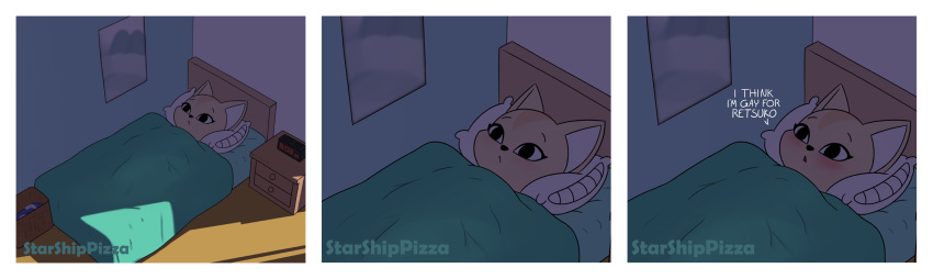 2019 aggressive_retsuko anthro bed bedroom blush canid canine comic dialogue digital_media_(artwork) english_text female fennec fenneko fox fur hi_res inside lying lying_in_bed mammal on_back open_mouth sanrio solo starshippizza text