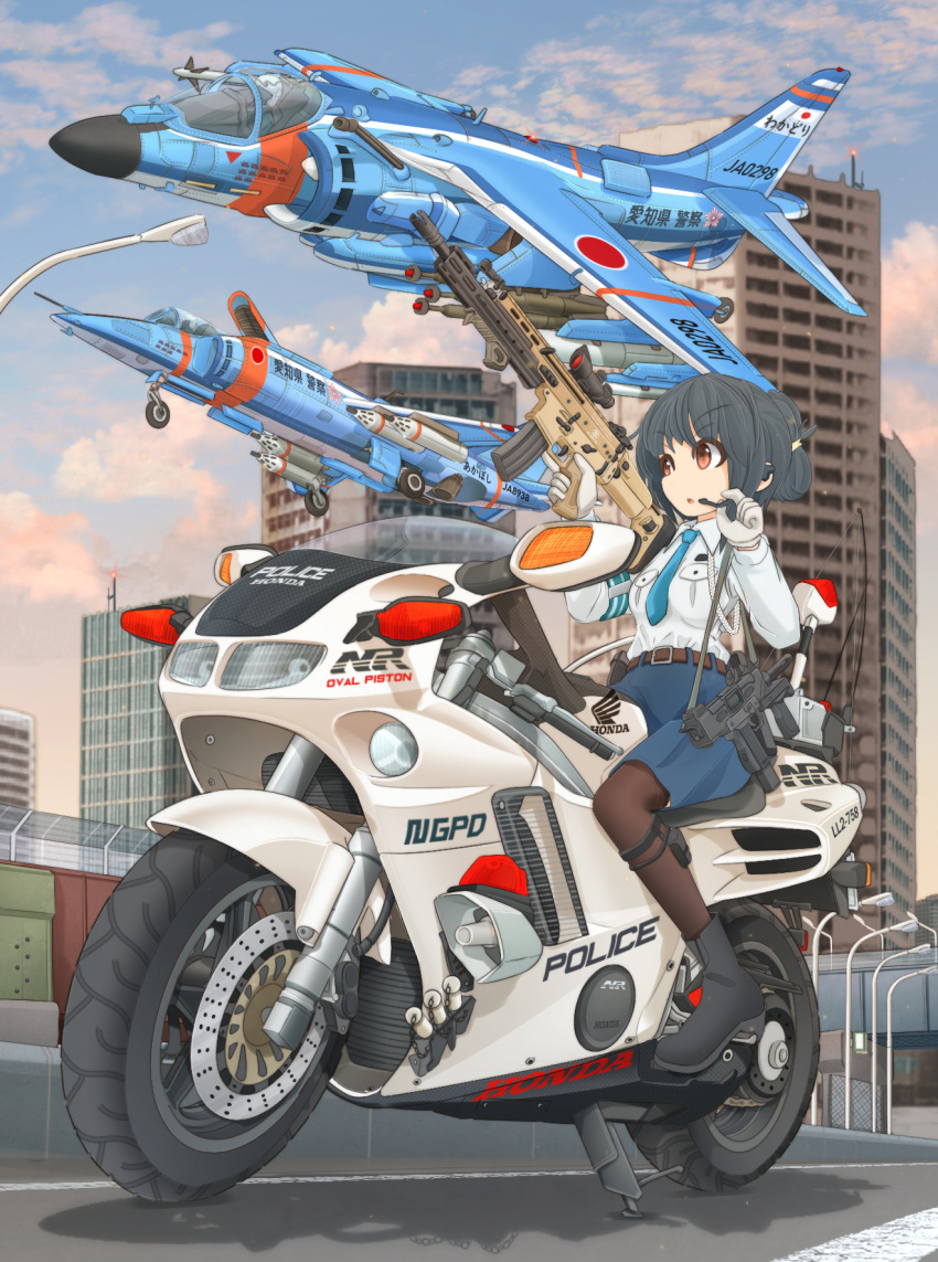 1girl 2others aiguillette aircraft airplane ankle_boots armband belt black_belt black_footwear black_hair black_legwear blue_neckwear blue_skirt blue_sky boots brown_eyes building cloud cloudy_sky commentary_request day dress_shirt english_text eyebrows_visible_through_hair fighter_jet gloves ground_vehicle gun headset highres honda honda_nr750 jet leg_strap logo looking_at_another medium_skirt mikeran_(mikelan) military military_vehicle motor_vehicle motorcycle multiple_others necktie original outdoors pantyhose partial_commentary pilot police riding roundel scope shadow shirt short_hair sitting skirt sky submachine_gun translated trigger_discipline weapon weapon_request white_gloves white_shirt wing_collar yak-38