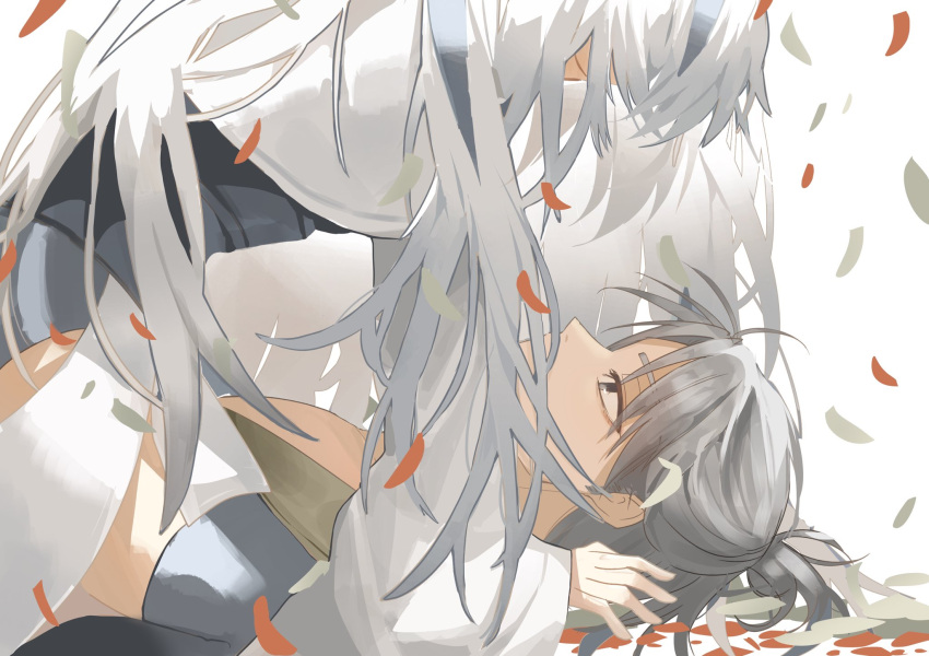 1boy 1girl falling_leaves fate/grand_order fate_(series) girl_on_top grey_eyes grey_hair head_out_of_frame highres leaf long_hair looking_at_another multicolored_hair nagao_kagetora_(fate) short_hair ssmyow streaked_hair takeda_shingen_(fate) white_hair